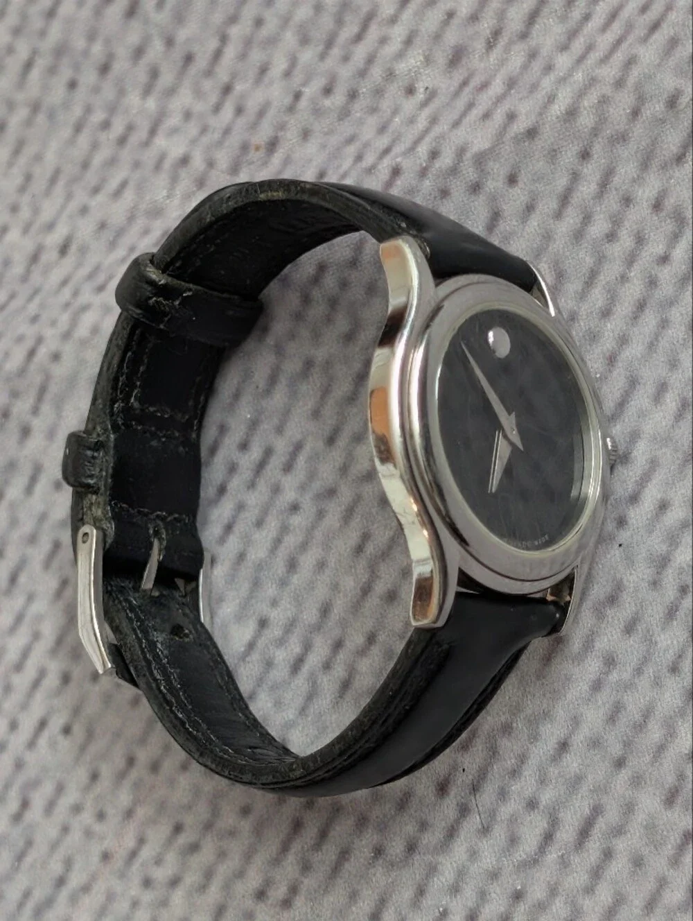Movado Museum Black Dial Stainless Steel Watch with Black Leather Strap